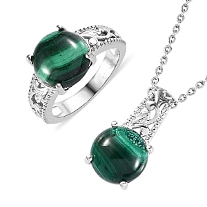 Karis African Malachite Solitaire Ring (Size 6.0), Pendant in Platinum Bond with Stainless Steel Necklace (20 Inches) 9.20 ctw