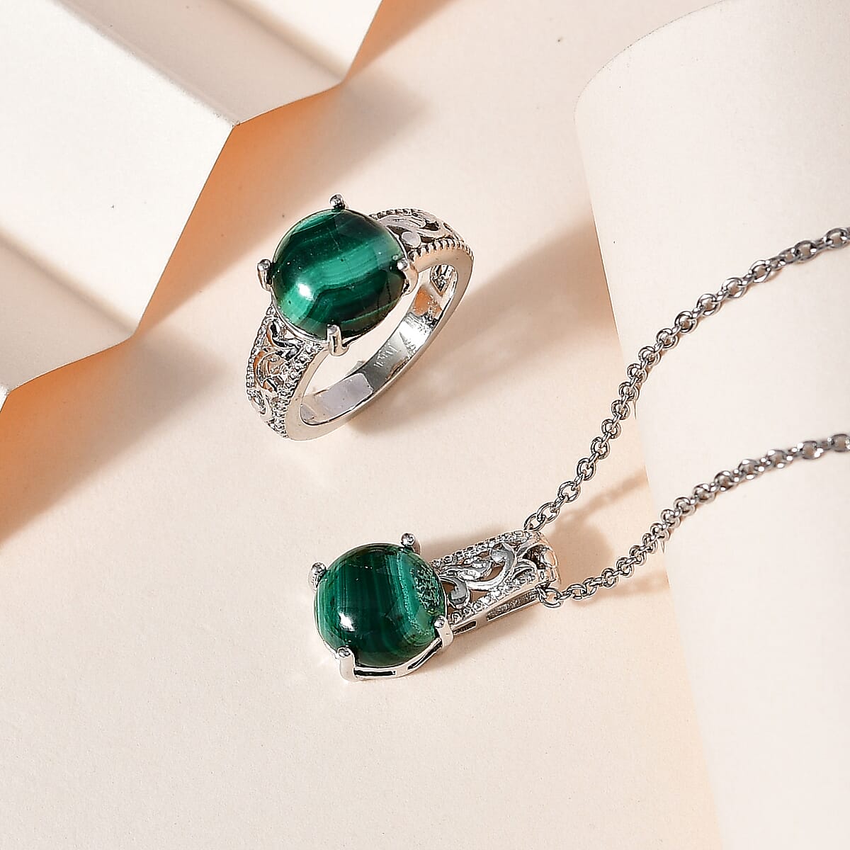 Karis African Malachite Solitaire Ring (Size 6.0), Pendant in Platinum Bond with Stainless Steel Necklace (20 Inches) 9.20 ctw image number 1