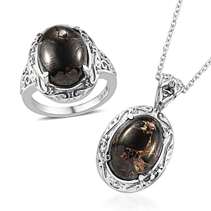 Matrix Silver Shungite Solitaire Ring Size 10.0 and Pendant Necklace 20 Inches in Stainless Steel 8.50 ctw