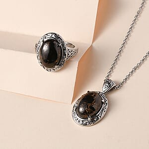 Matrix Silver Shungite Solitaire Ring Size 10.0 and Pendant Necklace 20 Inches in Stainless Steel 8.50 ctw