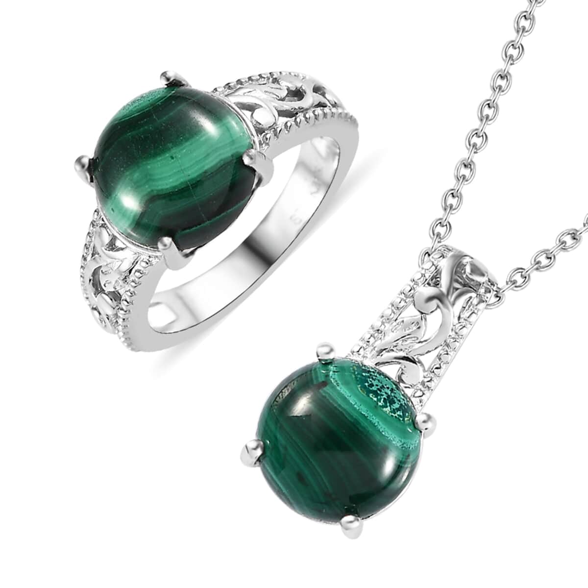 Karis African Malachite Solitaire Ring (Size 7.0), Pendant in Platinum Bond with Stainless Steel Necklace (20 Inches) 9.20 ctw image number 0