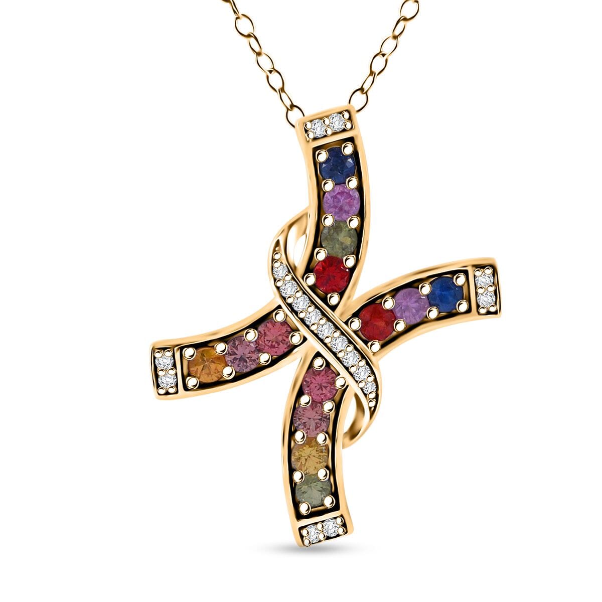 Rainbow Sapphire and White Zircon 1.60 ctw Cross Pendant Necklace in Vermeil Yellow Gold Over Sterling Silver 20 Inches image number 0