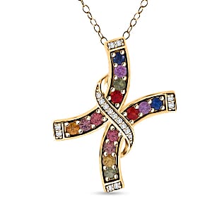 Rainbow Sapphire and White Zircon 1.60 ctw Cross Pendant Necklace in Vermeil Yellow Gold Over Sterling Silver 20 Inches