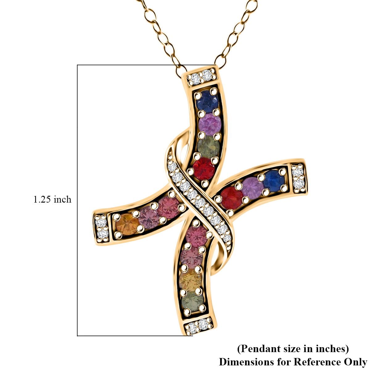 Rainbow Sapphire and White Zircon 1.60 ctw Cross Pendant Necklace in Vermeil Yellow Gold Over Sterling Silver 20 Inches image number 3