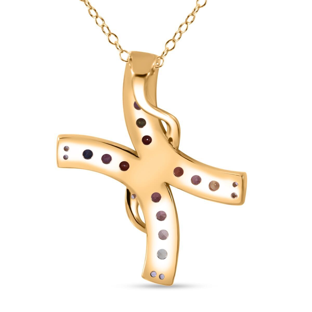 Rainbow Sapphire and White Zircon 1.60 ctw Cross Pendant Necklace in Vermeil Yellow Gold Over Sterling Silver 20 Inches image number 4