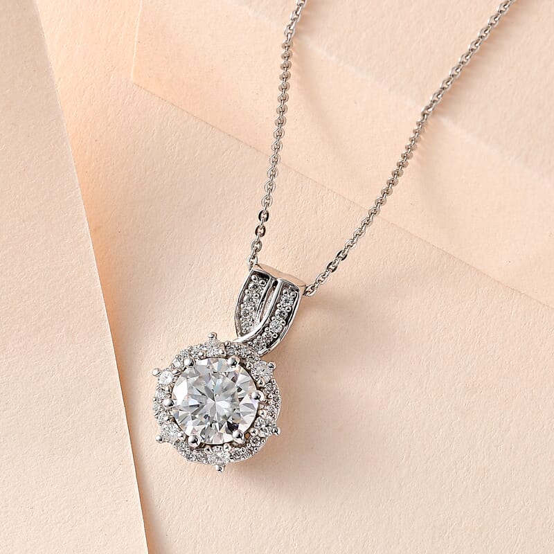 Moissanite Pendant Necklace 20 Inches in Platinum Over Sterling Silver 2.00 ctw