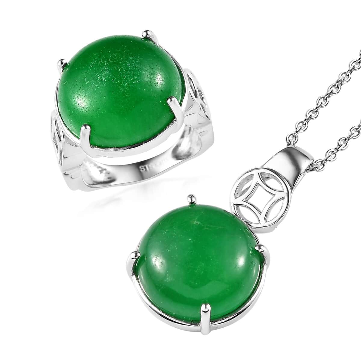 Karis Green Jade Solitaire Ring (Size 5.0) and Pendant in Platinum Bond with Stainless Steel Necklace (20 Inches) 30.50 ctw image number 0