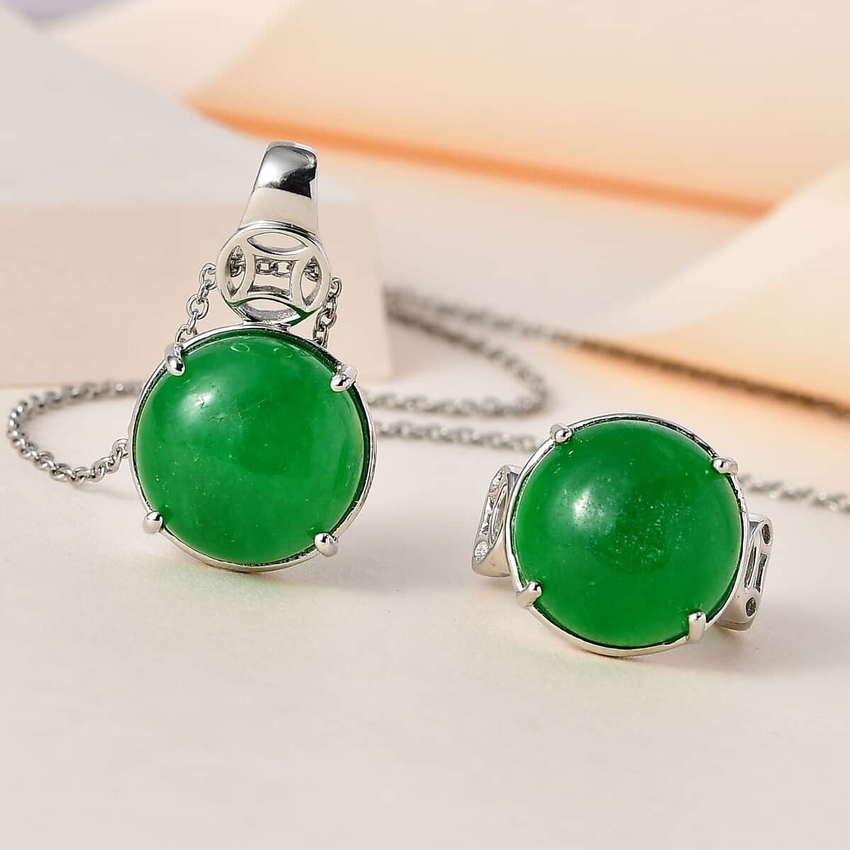 Karis Green Jade Solitaire Ring (Size 5.0) and Pendant in Platinum Bond with Stainless Steel Necklace (20 Inches) 30.50 ctw image number 1