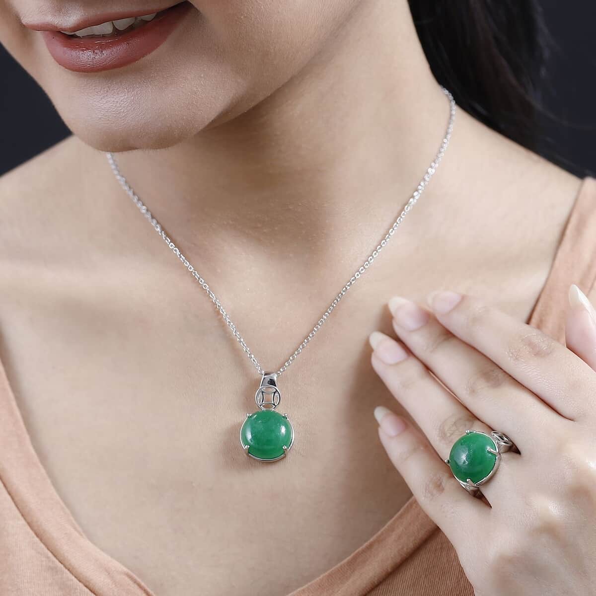 Karis Green Jade Solitaire Ring (Size 5.0) and Pendant in Platinum Bond with Stainless Steel Necklace (20 Inches) 30.50 ctw image number 2