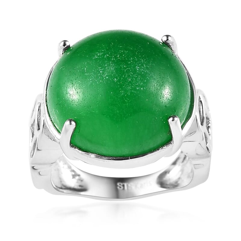 Karis Green Jade Solitaire Ring (Size 5.0) and Pendant in Platinum Bond with Stainless Steel Necklace 20 Inches 30.50 ctw