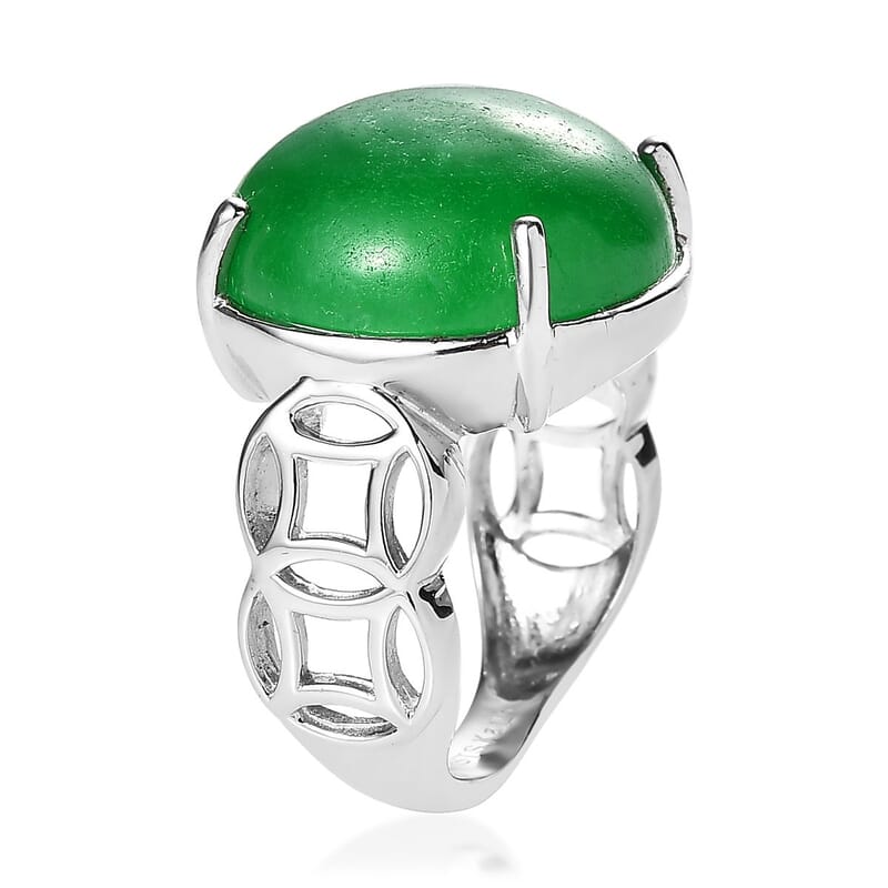 Karis Green Jade Solitaire Ring (Size 5.0) and Pendant in Platinum Bond with Stainless Steel Necklace 20 Inches 30.50 ctw