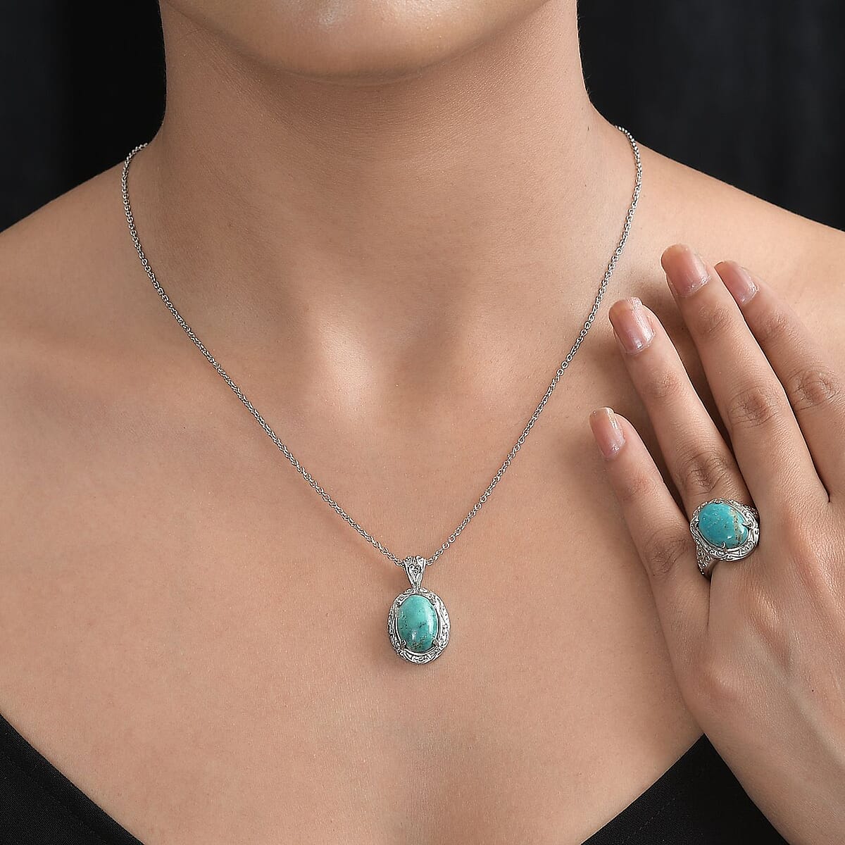 Chinese Turquoise Solitaire Ring (Size 9.0) and Pendant Necklace 20 Inches in Stainless Steel 8.50 ctw image number 2