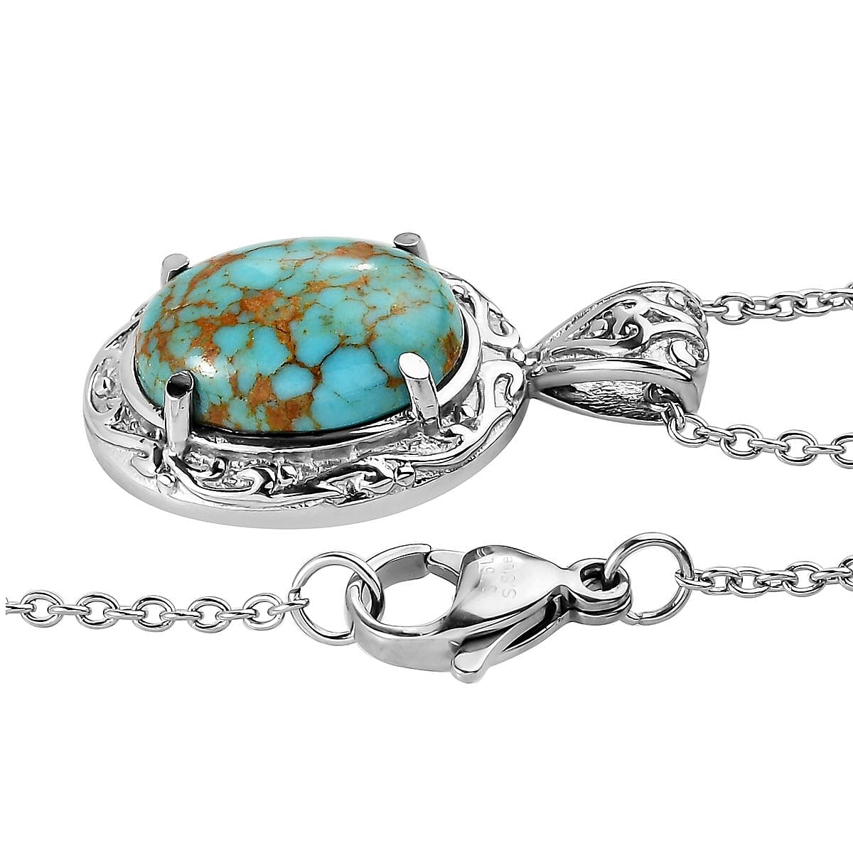 Chinese Turquoise Solitaire Ring (Size 9.0) and Pendant Necklace 20 Inches in Stainless Steel 8.50 ctw image number 7