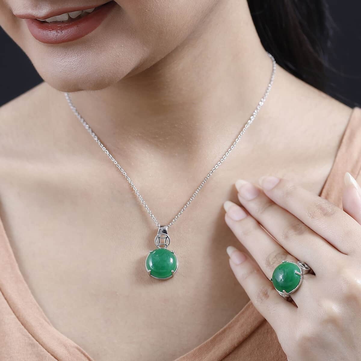 Karis Green Jade Solitaire Ring (Size 7.0) and Pendant in Platinum Bond with Stainless Steel Necklace 20 Inches 30.50 ctw image number 2