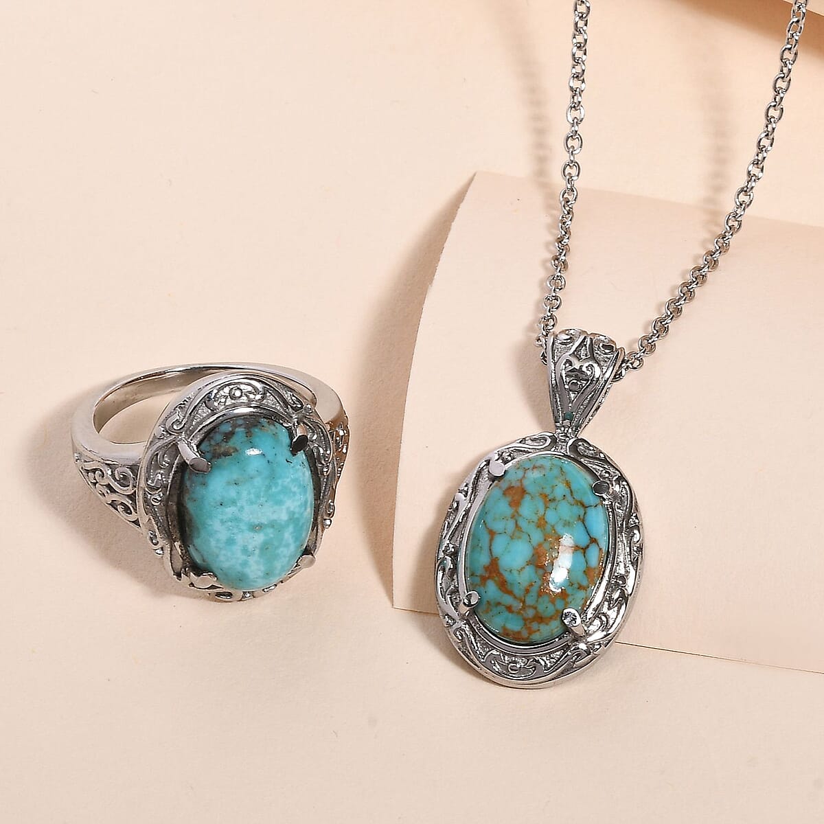 Chinese Turquoise Solitaire Ring (Size 11.0) and Pendant Necklace 20 Inches in Stainless Steel 8.50 ctw image number 1