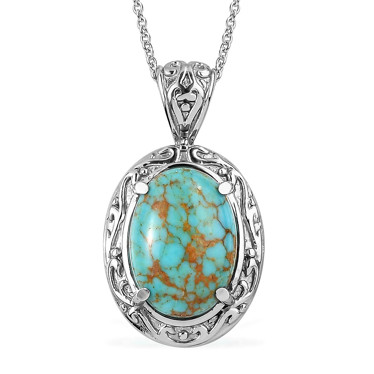 Chinese Turquoise Solitaire Ring (Size 11.0) and Pendant Necklace 20 Inches in Stainless Steel 8.50 ctw image number 6