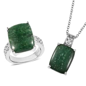 Karis Green Aventurine Solitaire Ring Size 7 and Pendant in Platinum Bond with Stainless Steel Necklace 20 Inches 14.10 ctw
