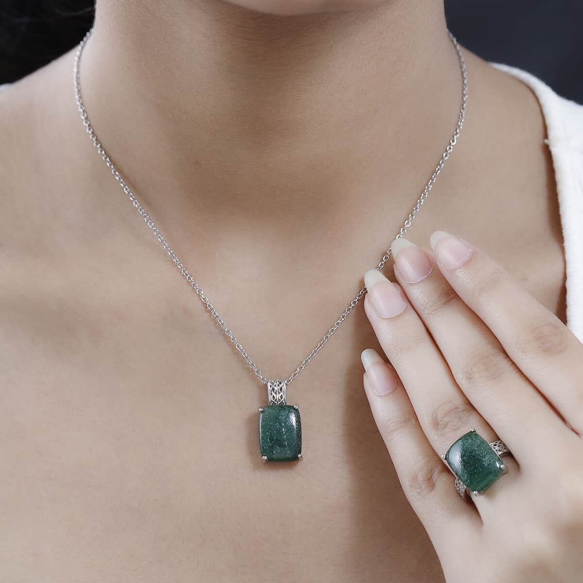 Karis Green Aventurine Solitaire Ring Size 7 and Pendant in Platinum Bond with Stainless Steel Necklace 20 Inches 14.10 ctw image number 2