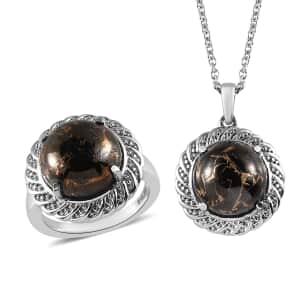 Matrix Silver Shungite Solitaire Ring (Size 5.0) and Pendant Necklace 20 Inches in Stainless Steel 10.15 ctw