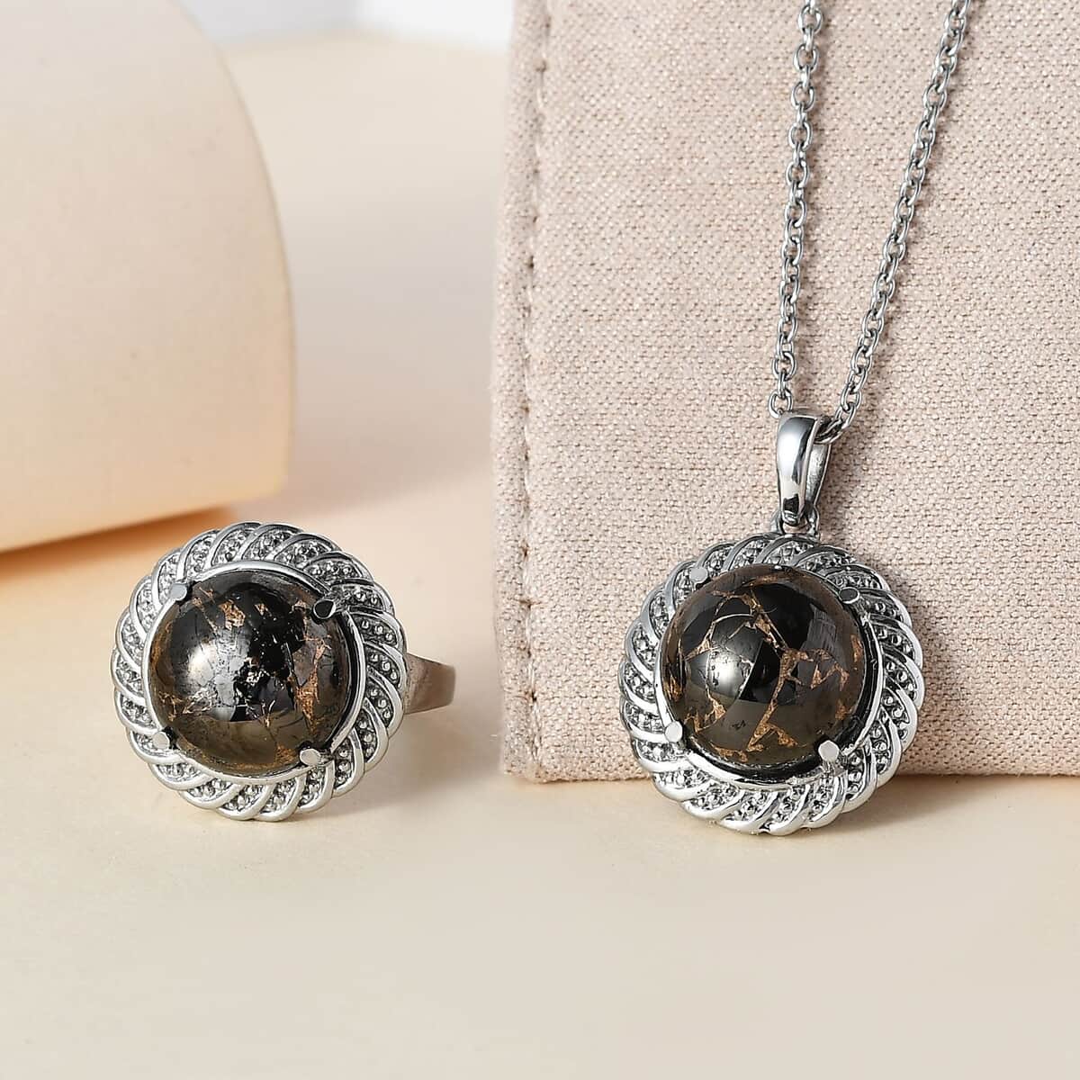Matrix Silver Shungite Solitaire Ring (Size 5.0) and Pendant Necklace 20 Inches in Stainless Steel 10.15 ctw image number 1