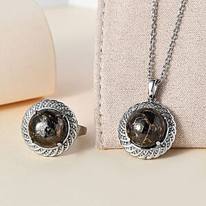 Matrix Silver Shungite Solitaire Ring (Size 7.0) and Pendant Necklace 20 Inches in Stainless Steel 10.15 ctw