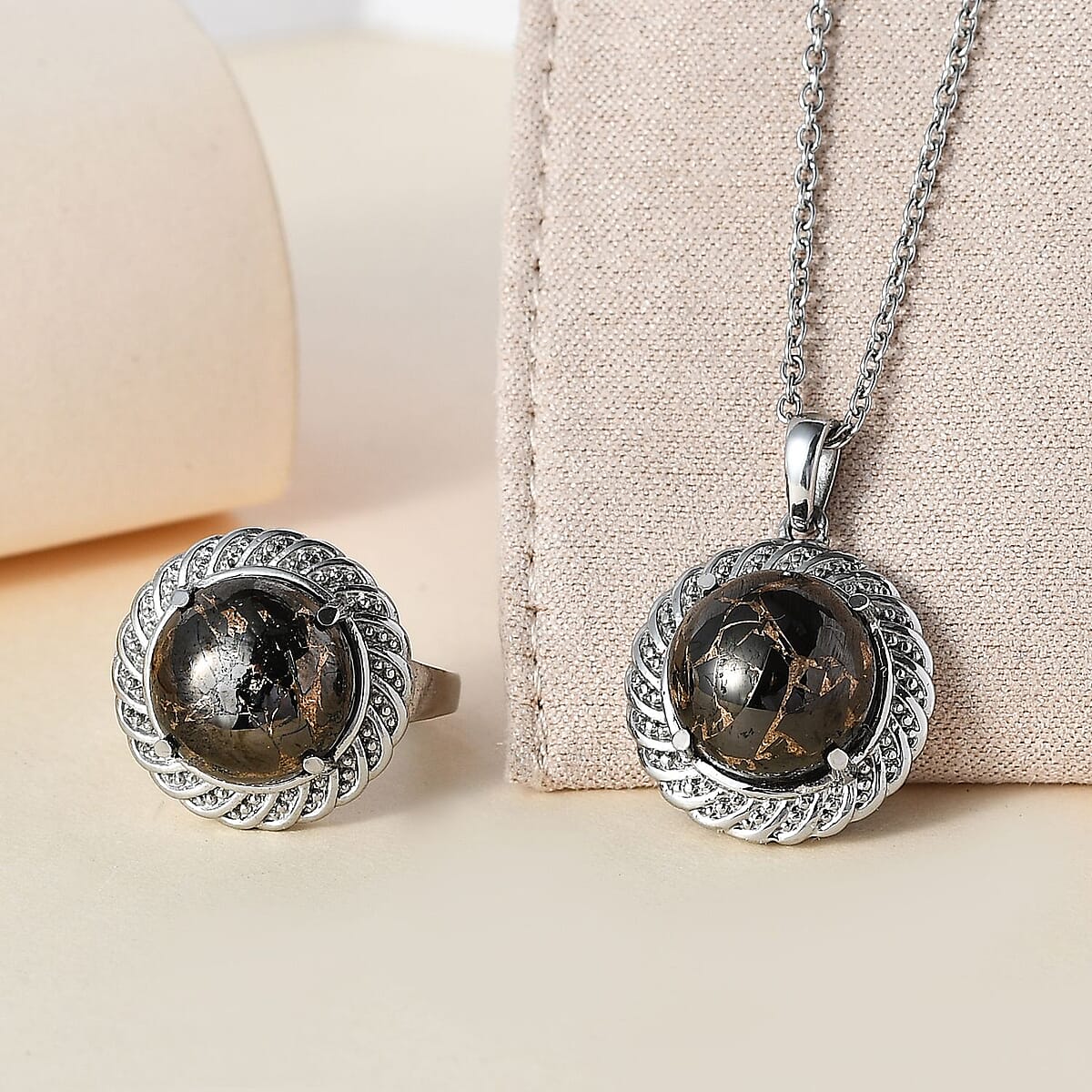 Matrix Silver Shungite Solitaire Ring (Size 8.0) and Pendant Necklace 20 Inches in Stainless Steel 10.15 ctw image number 1
