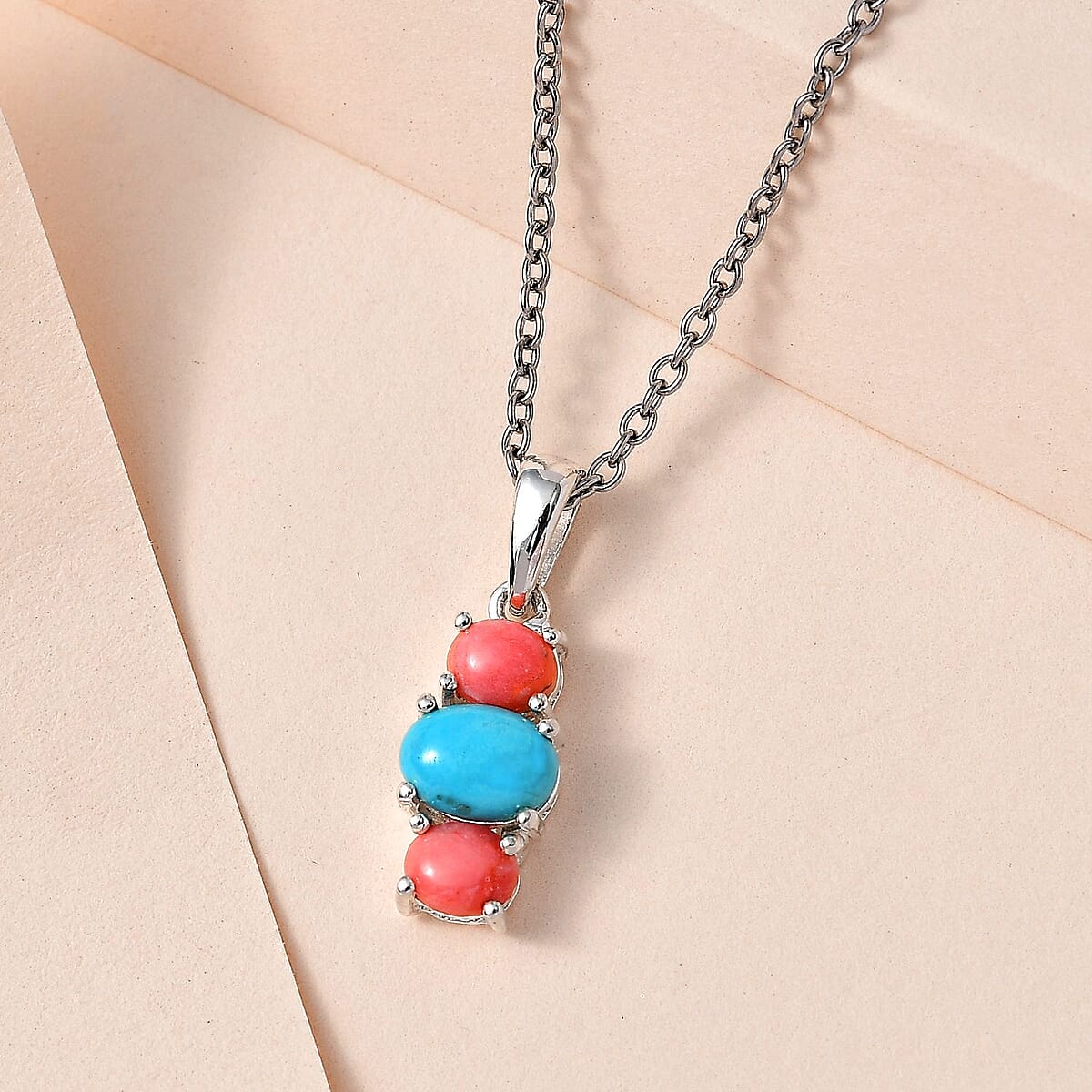 Sleeping Beauty Turquoise and Premium Oregon Peach Opal Pendant in Sterling Silver with Stainless Steel Necklace (20 Inches) 1.55 ctw image number 1
