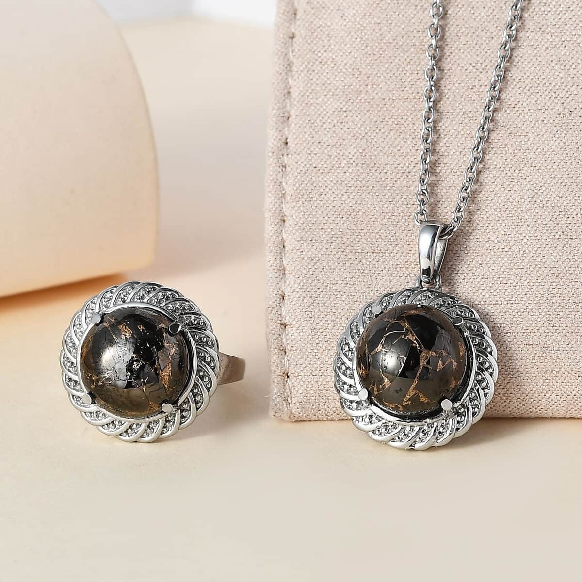 Matrix Silver Shungite Solitaire Ring (Size 11.0) and Pendant Necklace 20 Inches in Stainless Steel 10.15 ctw image number 1