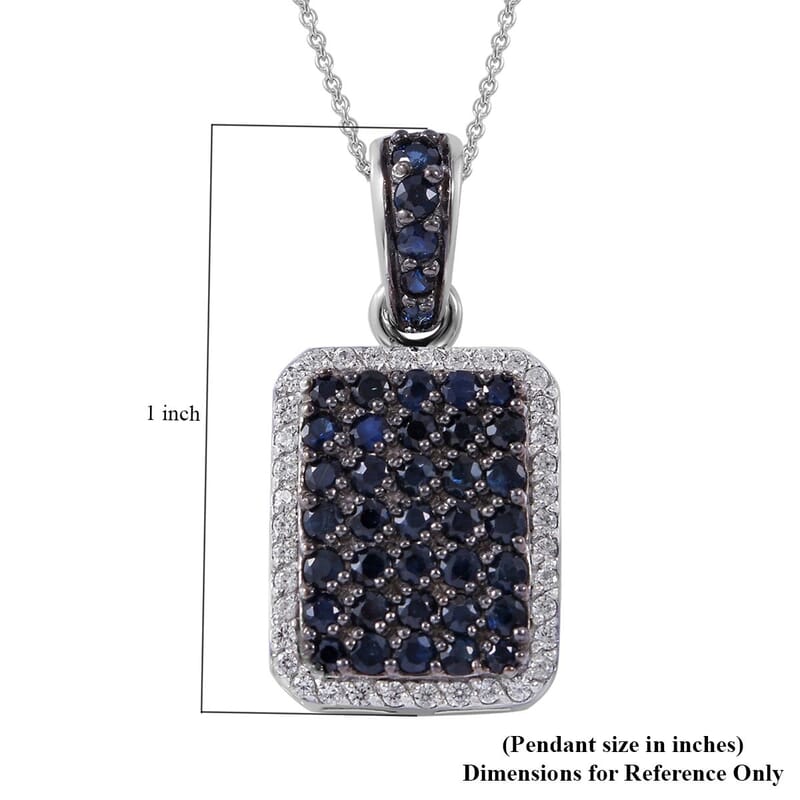 Premium Kanchanaburi Blue Sapphire and White Zircon Pendant Necklace 18 Inches in Platinum Over Sterling Silver 2.40 ctw