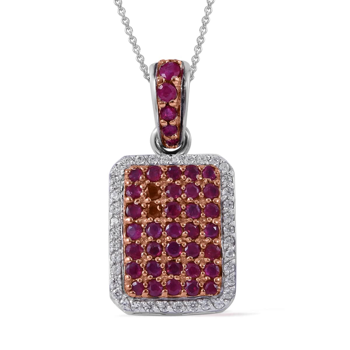 Premium Mozambique Ruby and White Zircon Pendant Necklace 18 Inches in Platinum Over Sterling Silver 2.25 ctw image number 0