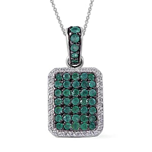Premium Kagem Zambian Emerald and White Zircon Pendant Necklace 20 Inches in Platinum Over Sterling Silver 2.25 ctw