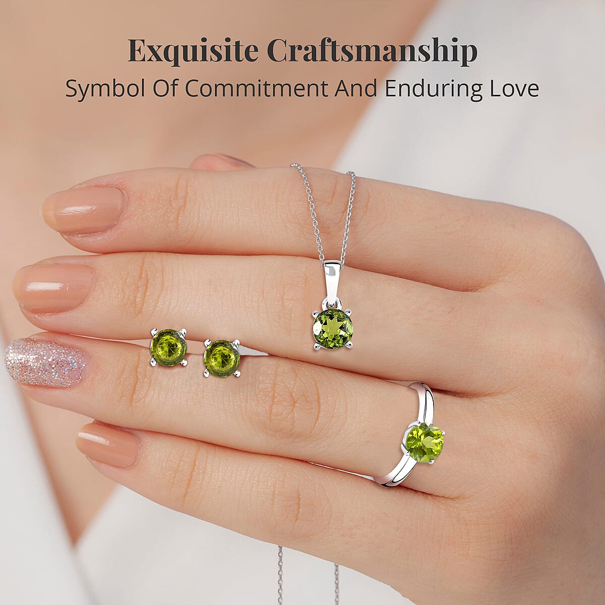 Doorbuster Peridot Solitaire Stud Earrings, Ring and Pendant Necklace 20 Inches in Stainless Steel 3.25 ctw image number 3