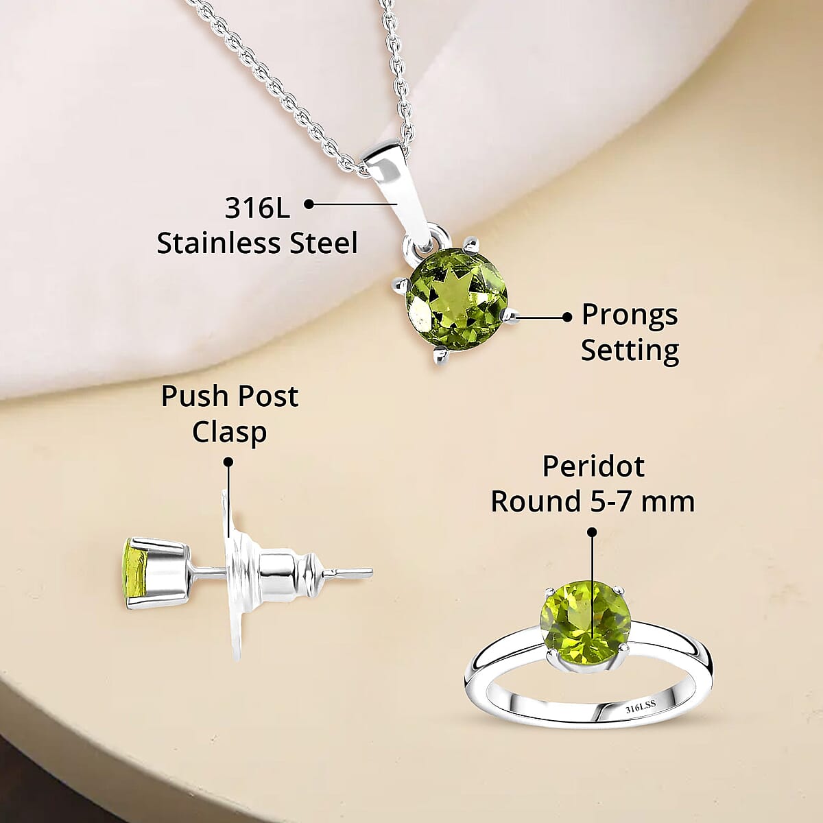 Doorbuster Peridot Solitaire Stud Earrings, Ring and Pendant Necklace 20 Inches in Stainless Steel 3.25 ctw image number 4