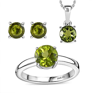 Peridot Solitaire Stud Earrings, Ring (Size 8.0) and Pendant Necklace 20 Inches in Stainless Steel 3.25 ctw