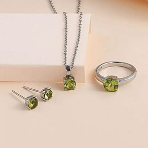 Peridot Solitaire Stud Earrings, Ring (Size 8.0) and Pendant Necklace 20 Inches in Stainless Steel 3.25 ctw
