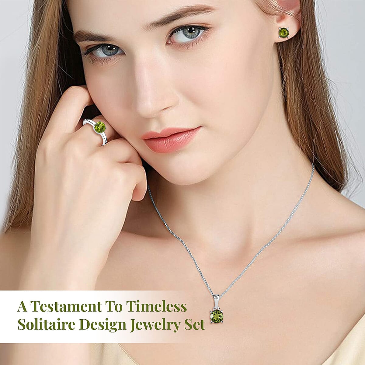 Peridot Solitaire Stud Earrings, Ring (Size 8.0) and Pendant Necklace 20 Inches in Stainless Steel 3.25 ctw image number 2