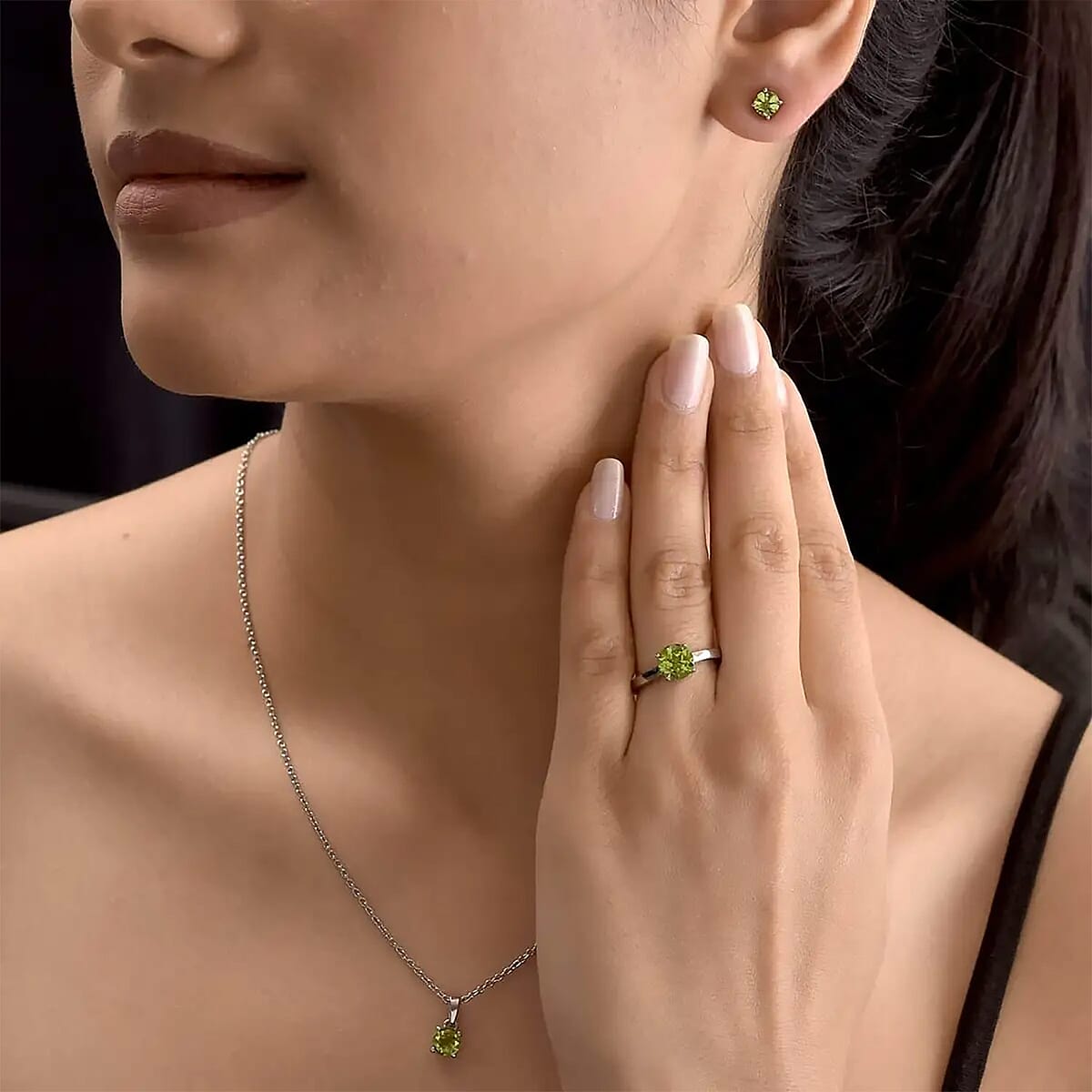 Peridot Solitaire Stud Earrings, Ring (Size 8.0) and Pendant Necklace 20 Inches in Stainless Steel 3.25 ctw image number 5