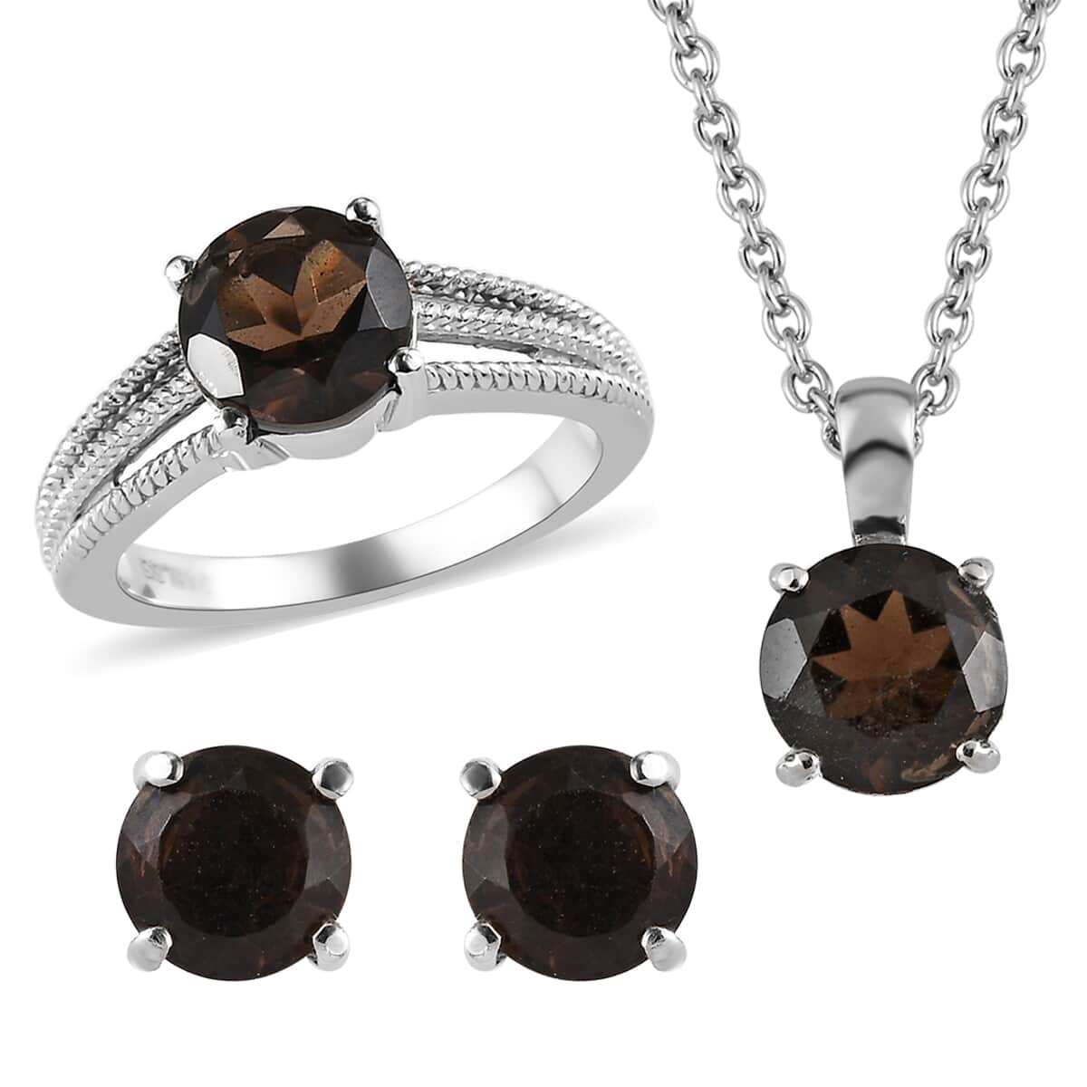 Brazilian Smoky Quartz Solitaire Stud Earrings, Ring (Size 5.0) and Pendant Necklace 20 Inches in Stainless Steel 5.25 ctw image number 0