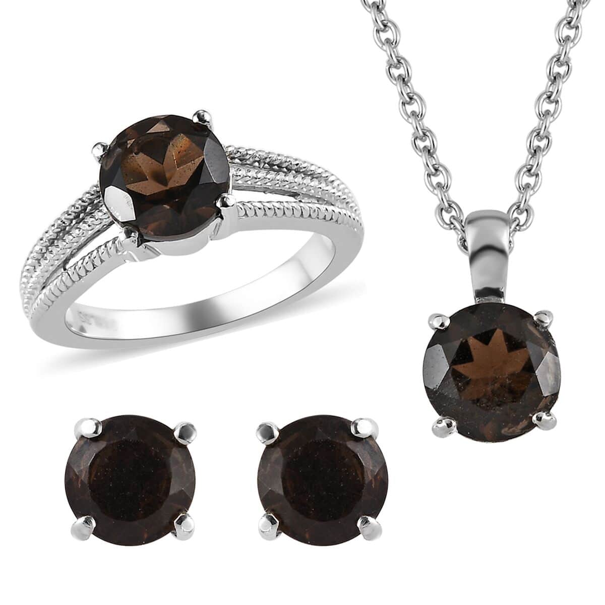 Brazilian Smoky Quartz Solitaire Stud Earrings, Ring (Size 7.0) and Pendant Necklace 20 Inches in Stainless Steel 5.25 ctw image number 0