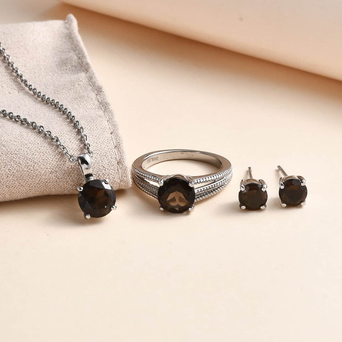 Brazilian Smoky Quartz Solitaire Stud Earrings, Ring (Size 7.0) and Pendant Necklace 20 Inches in Stainless Steel 5.25 ctw image number 1