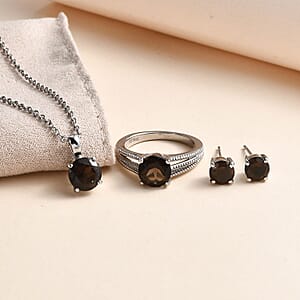 Brazilian Smoky Quartz Solitaire Stud Earrings, Ring (Size 7.0) and Pendant Necklace 20 Inches in Stainless Steel 5.25 ctw