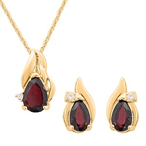 Mozambique Garnet and Simulated Diamond Earrings and Pendant Necklace 18 Inches in Goldtone 6.15 ctw