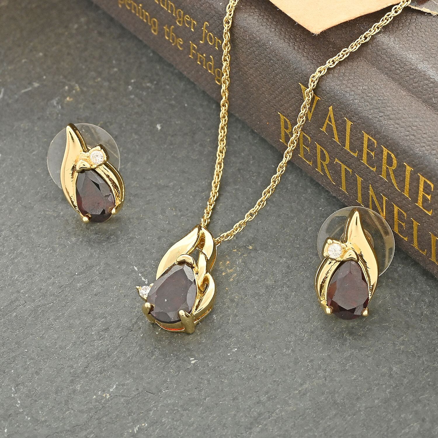Mozambique Garnet and Simulated Diamond Earrings and Pendant Necklace 18 Inches in Goldtone 6.15 ctw