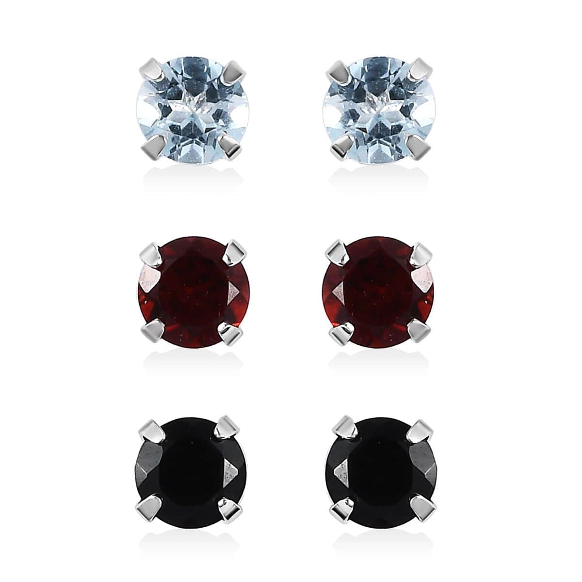 Sky Blue Topaz, Thai Black Spinel and Mozambique Garnet Set of 3 Solitaire Stud Earrings in Sterling Silver 3.50 ctw image number 0