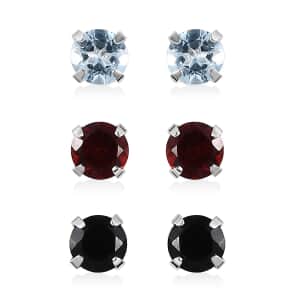 Sky Blue Topaz, Thai Black Spinel and Mozambique Garnet Set of 3 Solitaire Stud Earrings in Sterling Silver 3.50 ctw