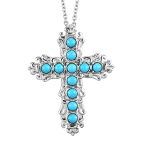 Sleeping Beauty Turquoise Cross Pendant Necklace 20 Inches in Stainless Steel 1.10 ctw