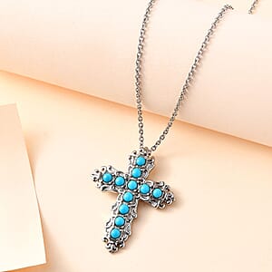 Sleeping Beauty Turquoise Cross Pendant Necklace 20 Inches in Stainless Steel 1.10 ctw