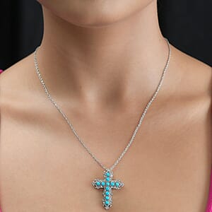 Sleeping Beauty Turquoise Cross Pendant Necklace 20 Inches in Stainless Steel 1.10 ctw