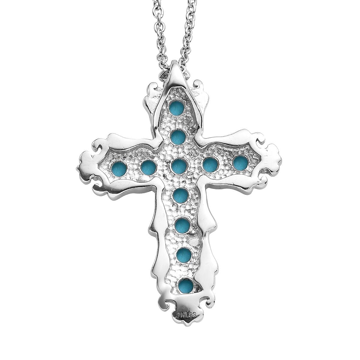 Sleeping Beauty Turquoise Cross Pendant Necklace 20 Inches in Stainless Steel 1.10 ctw