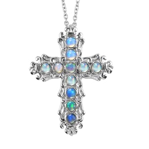 Ethiopian Welo Opal Cross Pendant Necklace 20 Inches in Stainless Steel 0.90 ctw